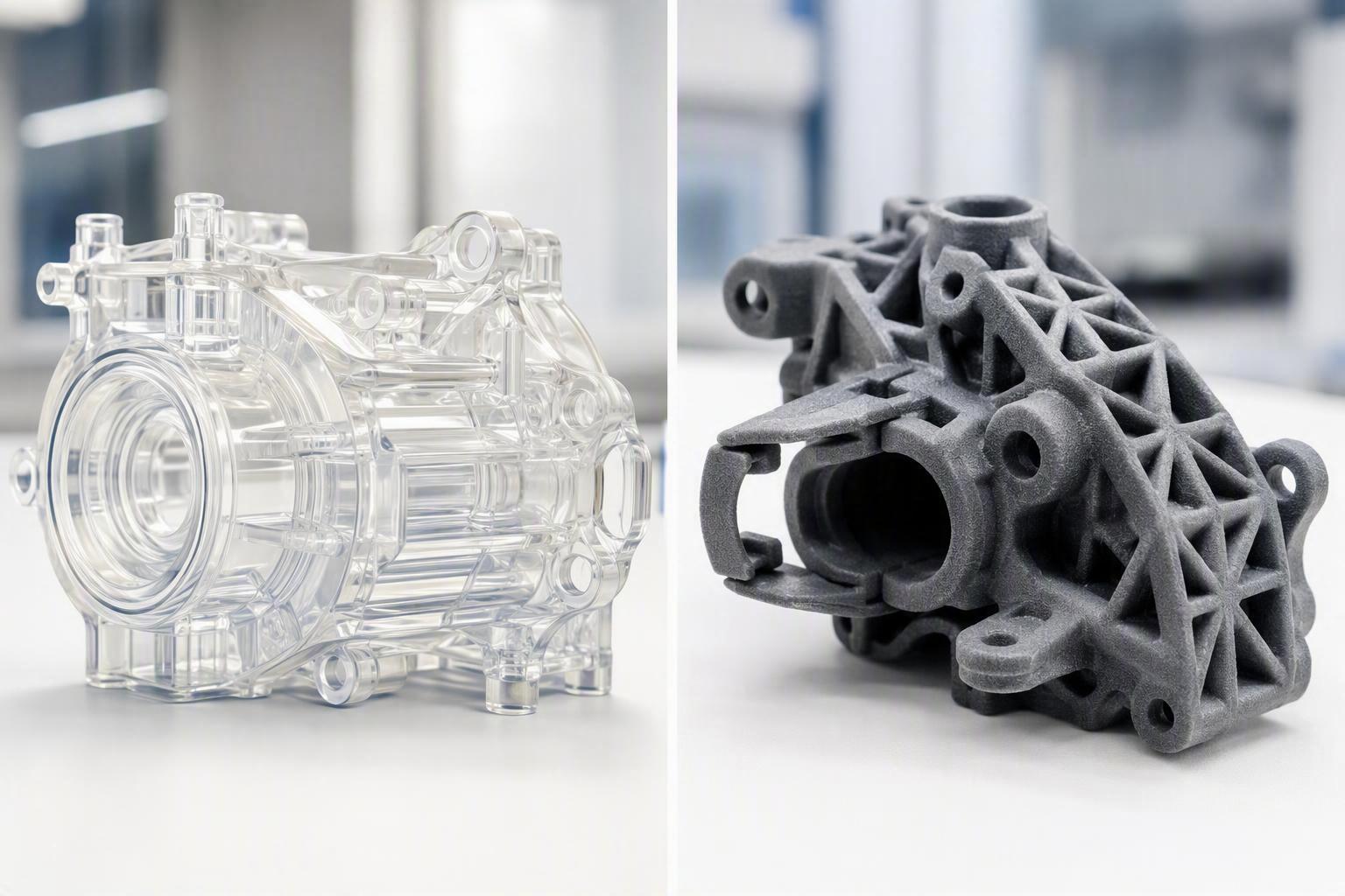 SLA smooth detailed resin prototype next to a durable matte SLS nylon prototype with complex geometry