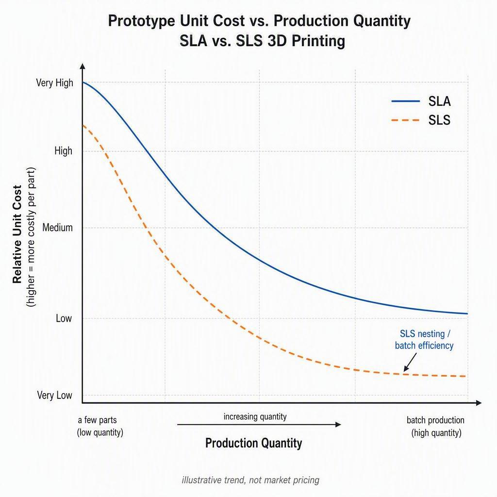 Illustrative line chart showing SLA and SLS relative unit cost trending down differently with quantity, with SLS flattening at higher batch quantities