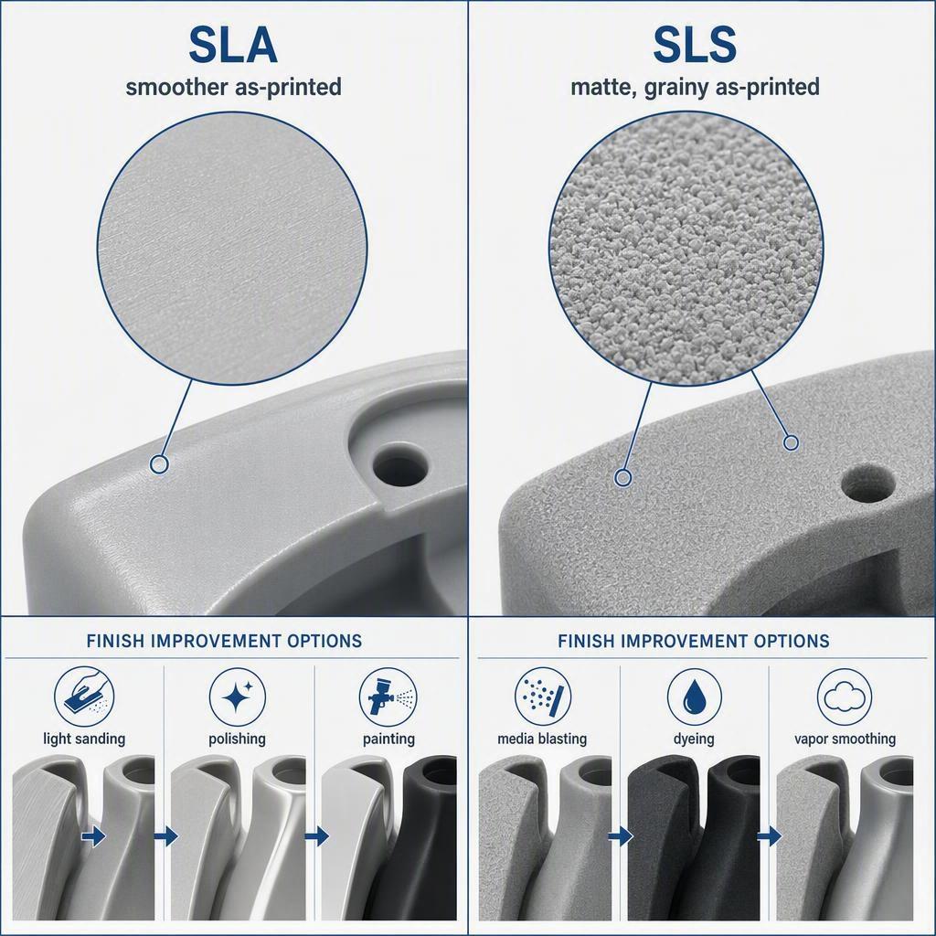 SLA vs SLS surface finish infographic comparing smooth as-printed SLA to grainy as-printed SLS with their finishing steps
