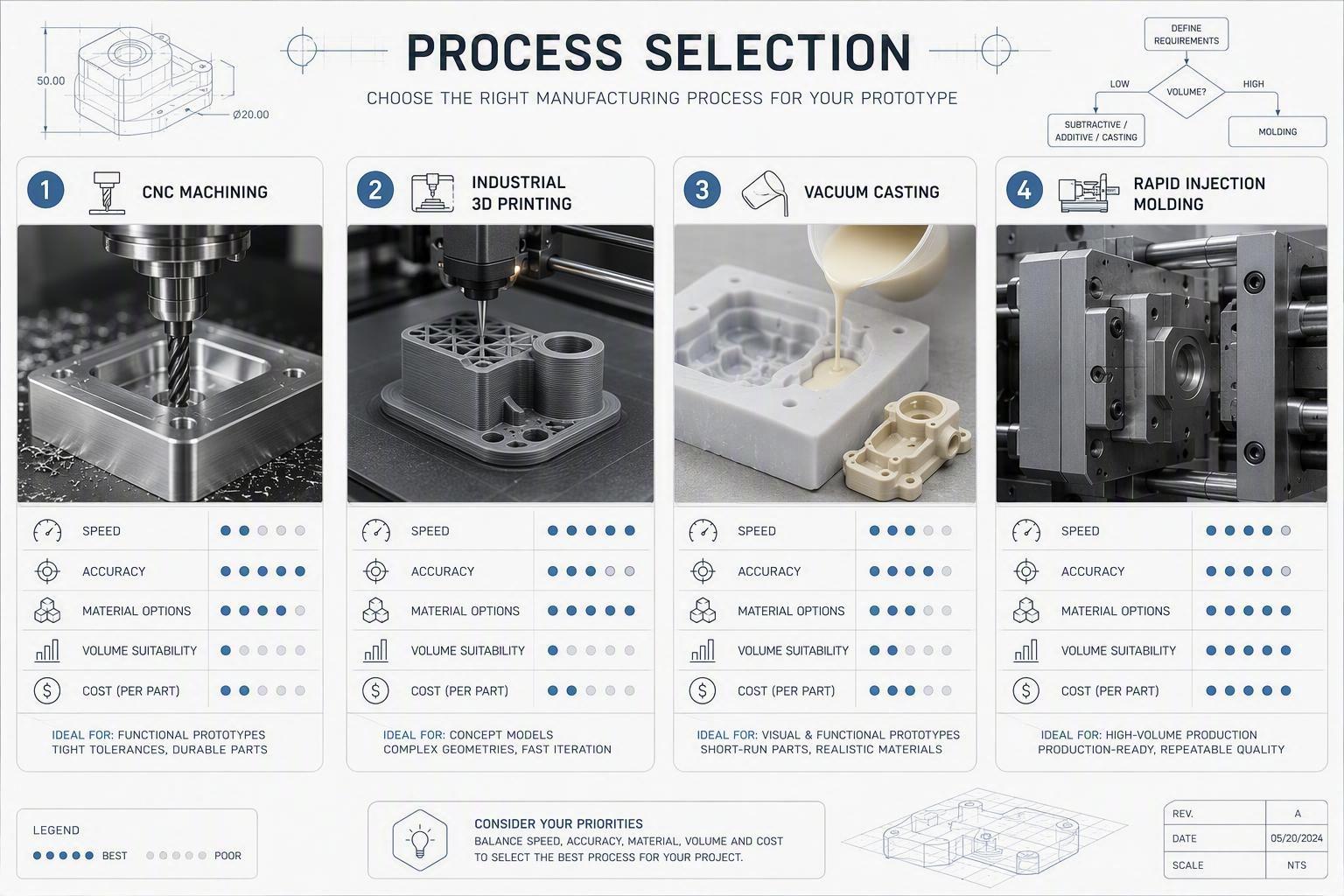 Engineering decision graphic showing prototype manufacturing process selection across CNC machining, 3D printing, vacuum casting, and injection molding
