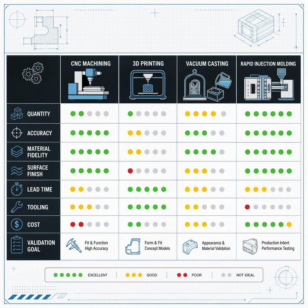 Decision matrix comparing CNC machining, 3D printing, vacuum casting, and rapid injection molding by quantity, accuracy, material fidelity, finish, lead time, tooling, and validation goal
