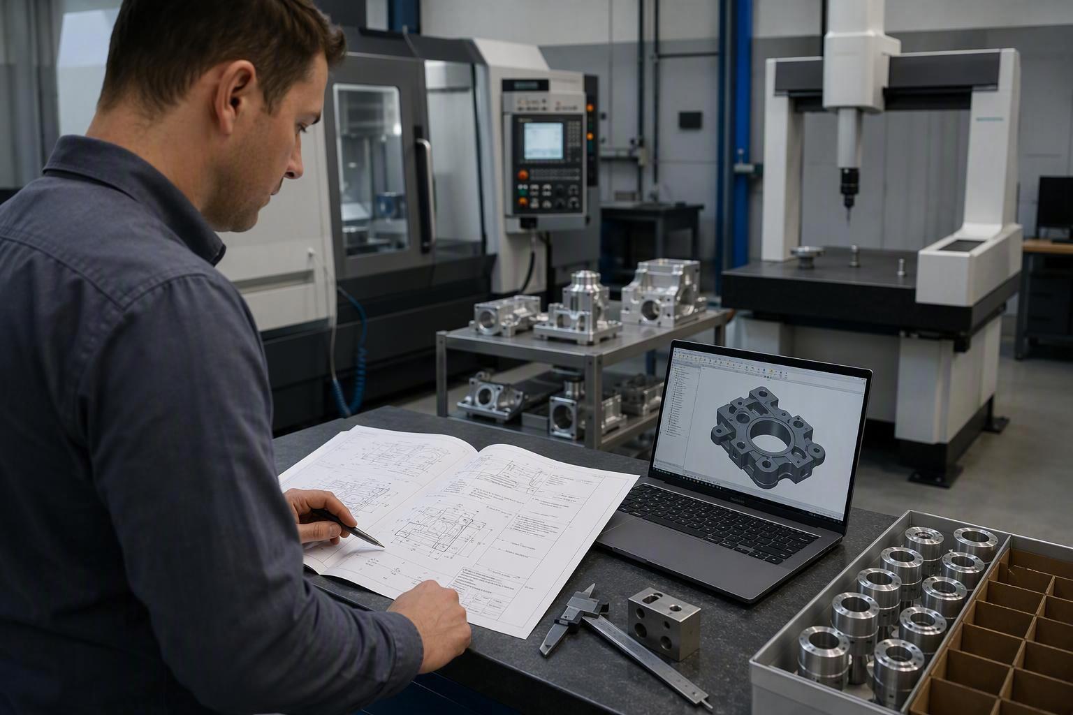 Engineering buyer reviewing a supplier's dimensional report and CAD drawings, with CNC machining equipment and prototype parts in the background — CNC machining supplier evaluation