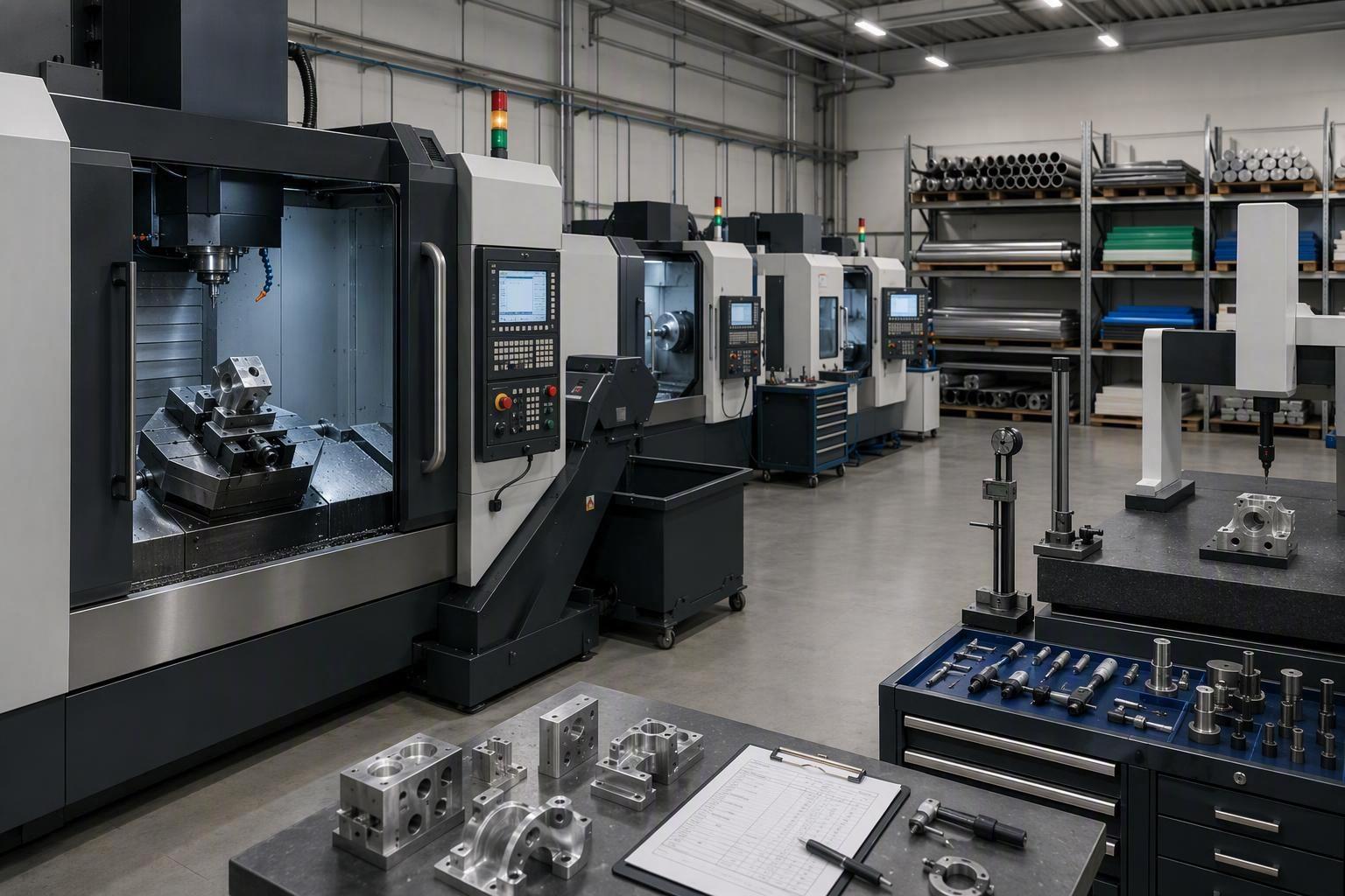 CNC factory verification: a machining floor with CNC machines, an inspection and metrology area, material storage, and finished parts documentation representing claim, verification, and evidence