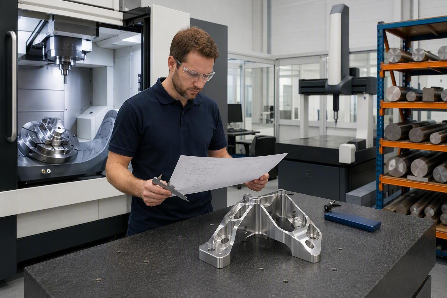 Quality engineer reviewing an engineering drawing and a machined aluminum part on a surface plate inside a CNC machine shop, with a 5-axis machining center and a CMM in the background — CNC machining manufacturer audit
