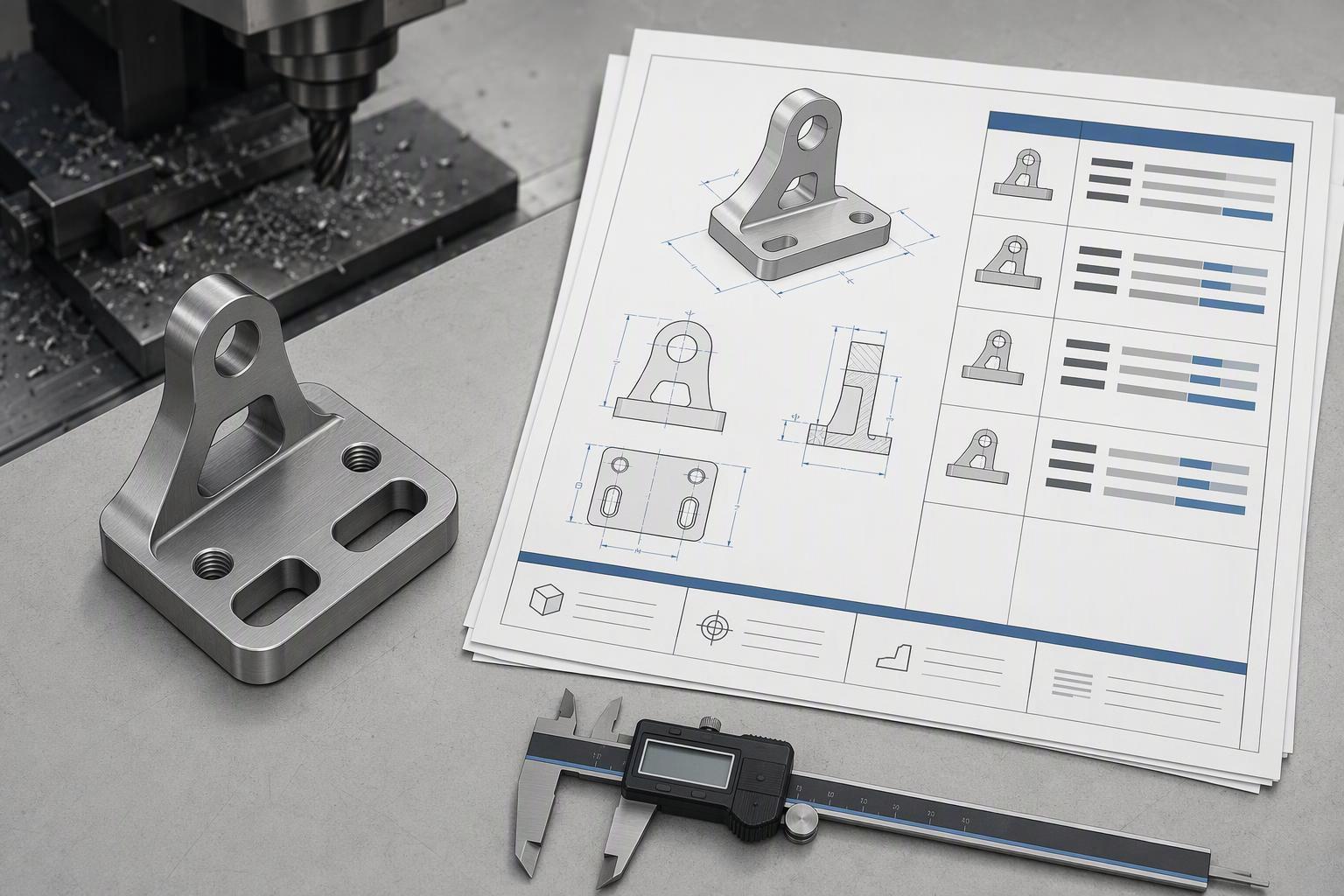 Engineer comparing three normalized CNC machining quotations side by side on a laptop beside machined metal parts