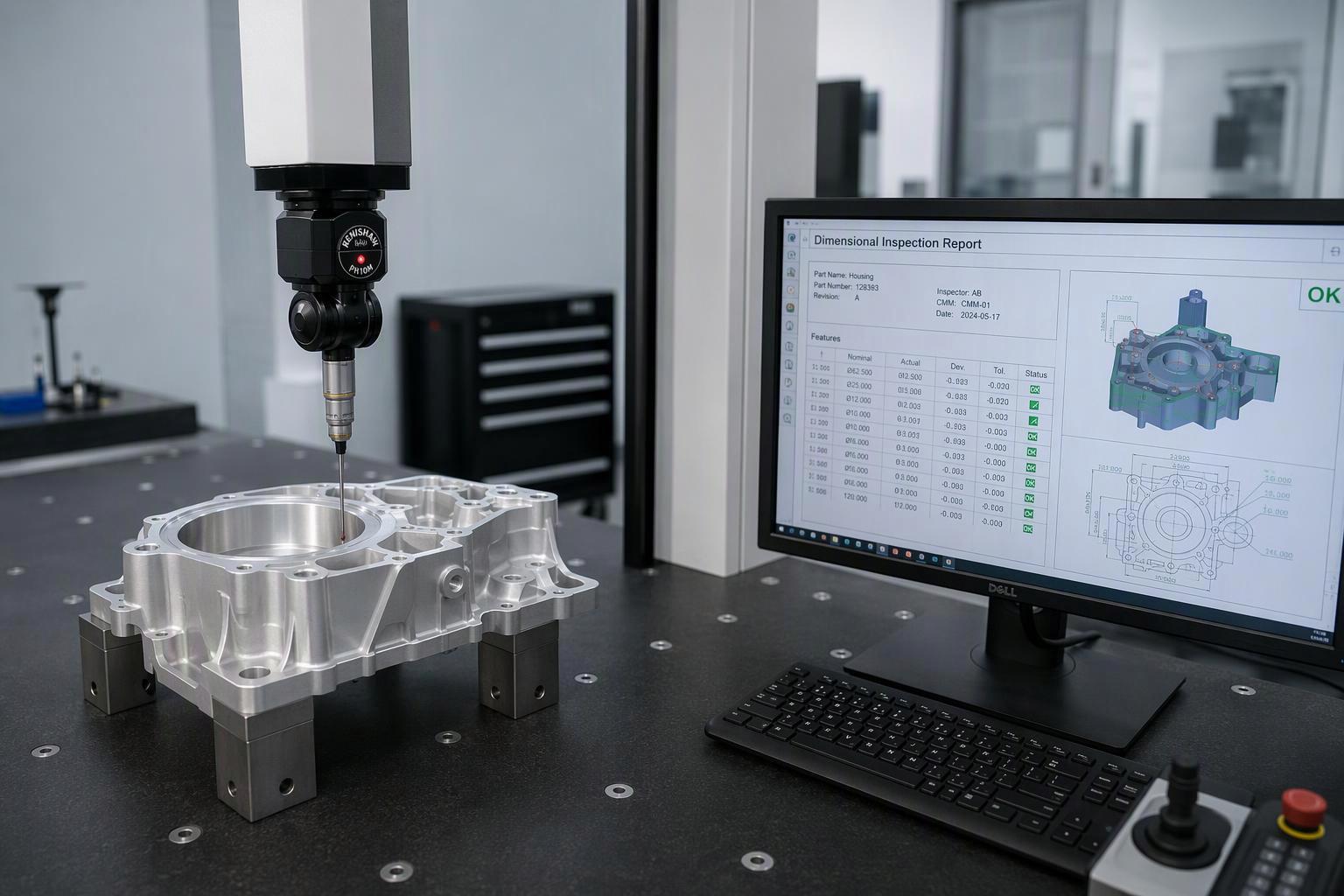 Coordinate measuring machine probe inspecting a precision machined part with a dimensional report on screen