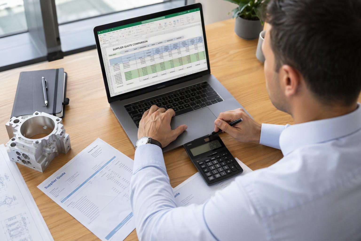 Procurement engineer normalizing supplier quotations into a line-item worksheet on a laptop