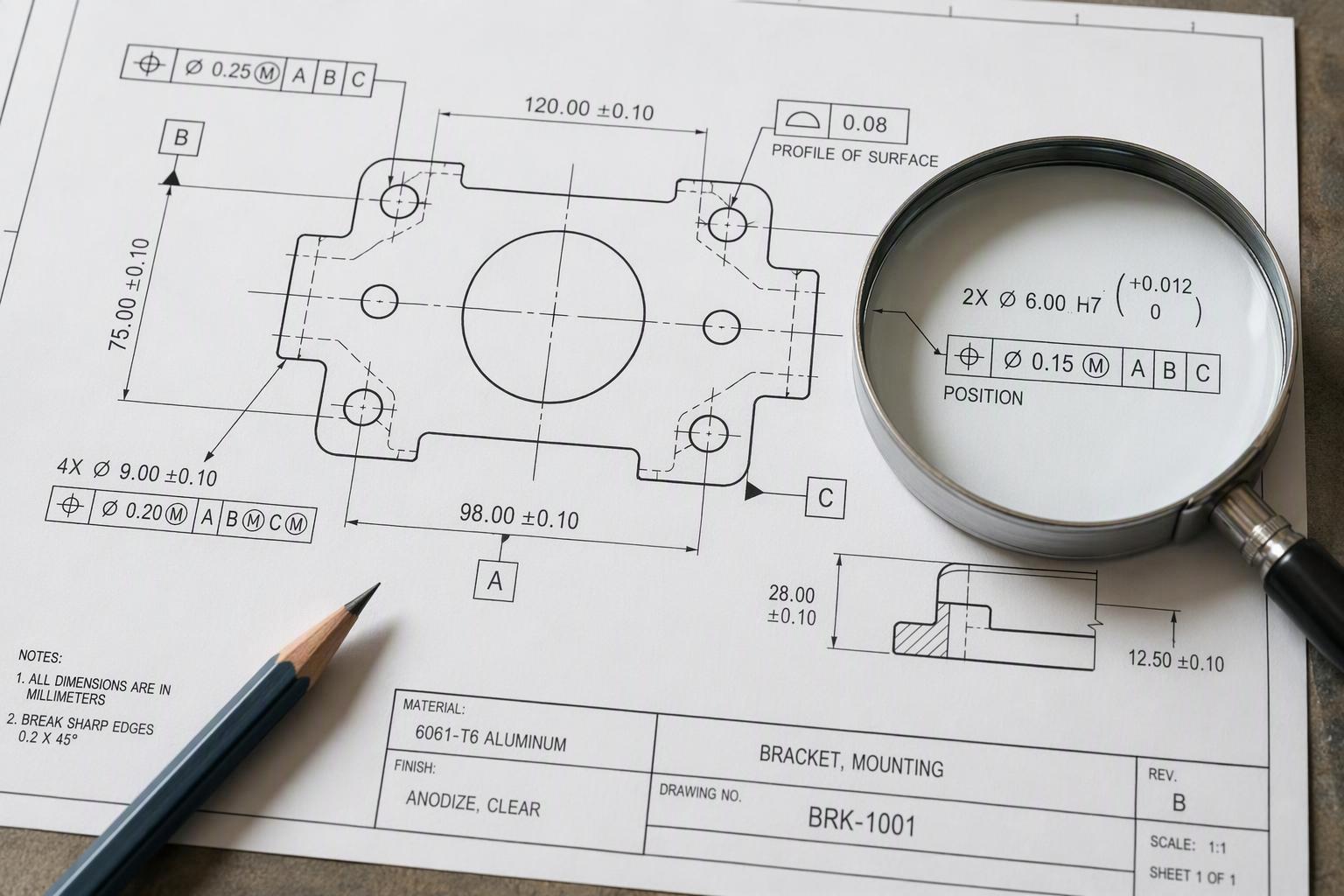 Engineering drawing with dimensions, tolerance callouts, and GD&T symbols on a workbench