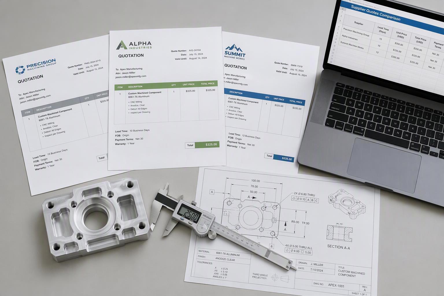 Three CNC quotations with different scopes laid out beside a machined part, calipers, and an engineering drawing