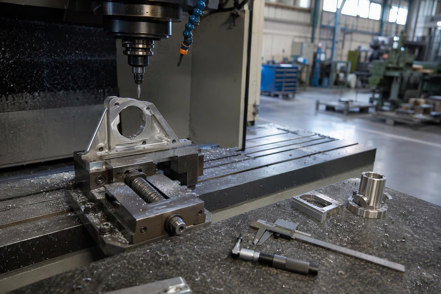 Aluminium CNC machined bracket beside a calculator and setup sheet illustrating how CNC machining price per part is calculated from fixed and recurring costs