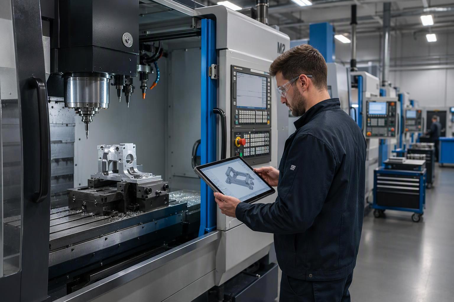 Precision CNC machining workshop with a clamped aluminium bracket and an engineer reviewing a CAD model