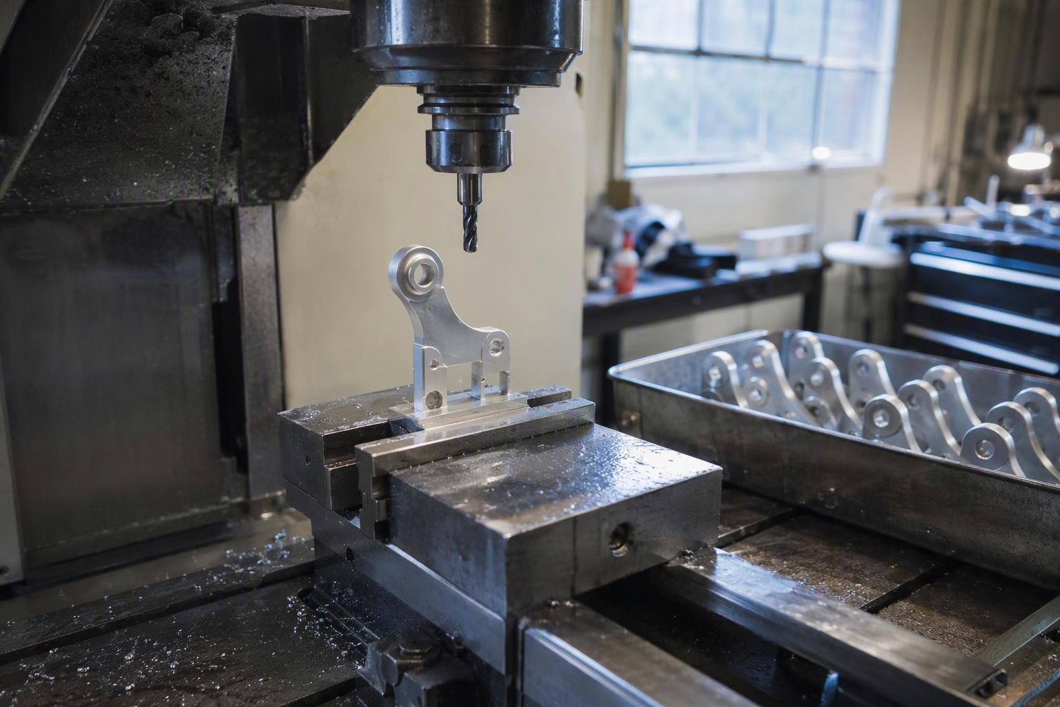 A single CNC-machined metal part on a machine table beside a stack of identical finished parts, illustrating that CNC machining has no fixed minimum order quantity.