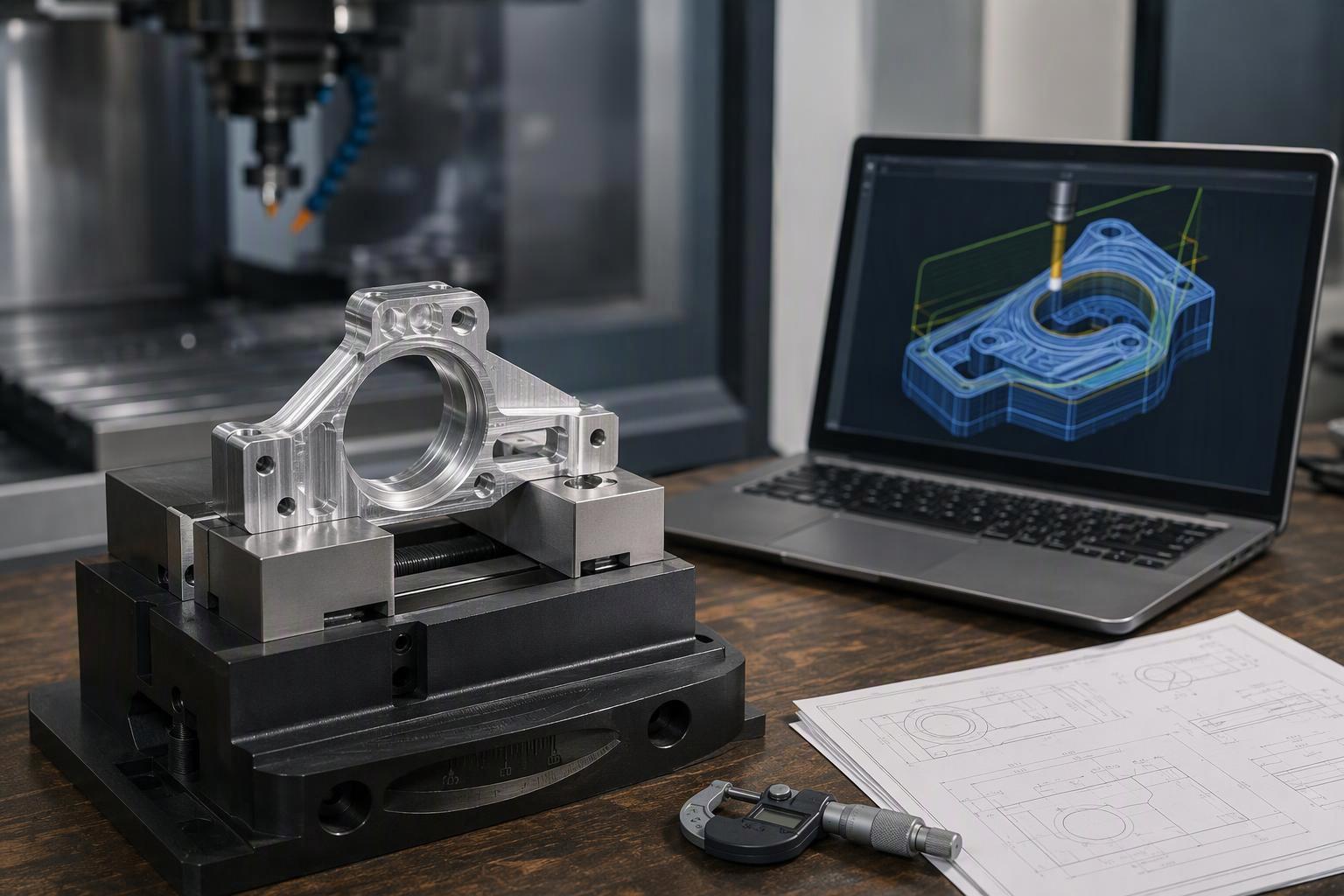 A single CNC-machined part held in soft jaws beside CAM software and inspection tools, illustrating fixed costs concentrated in one unit