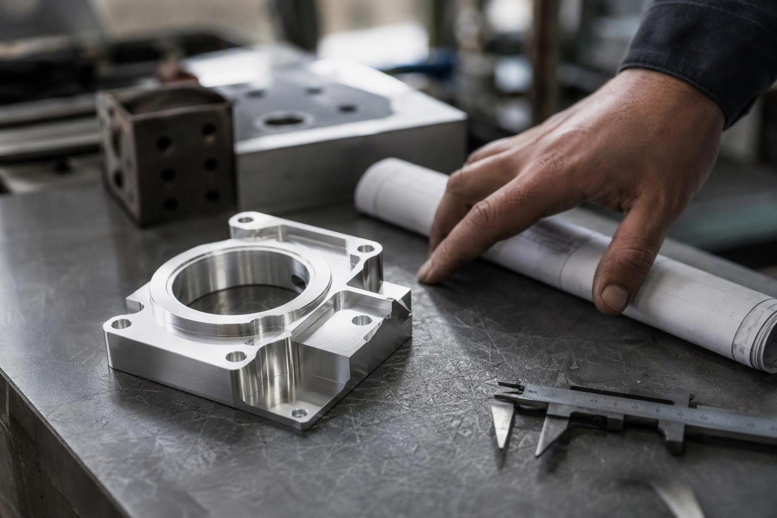 A machined CNC sample part beside its 2D drawing and dimensional inspection report on a workbench