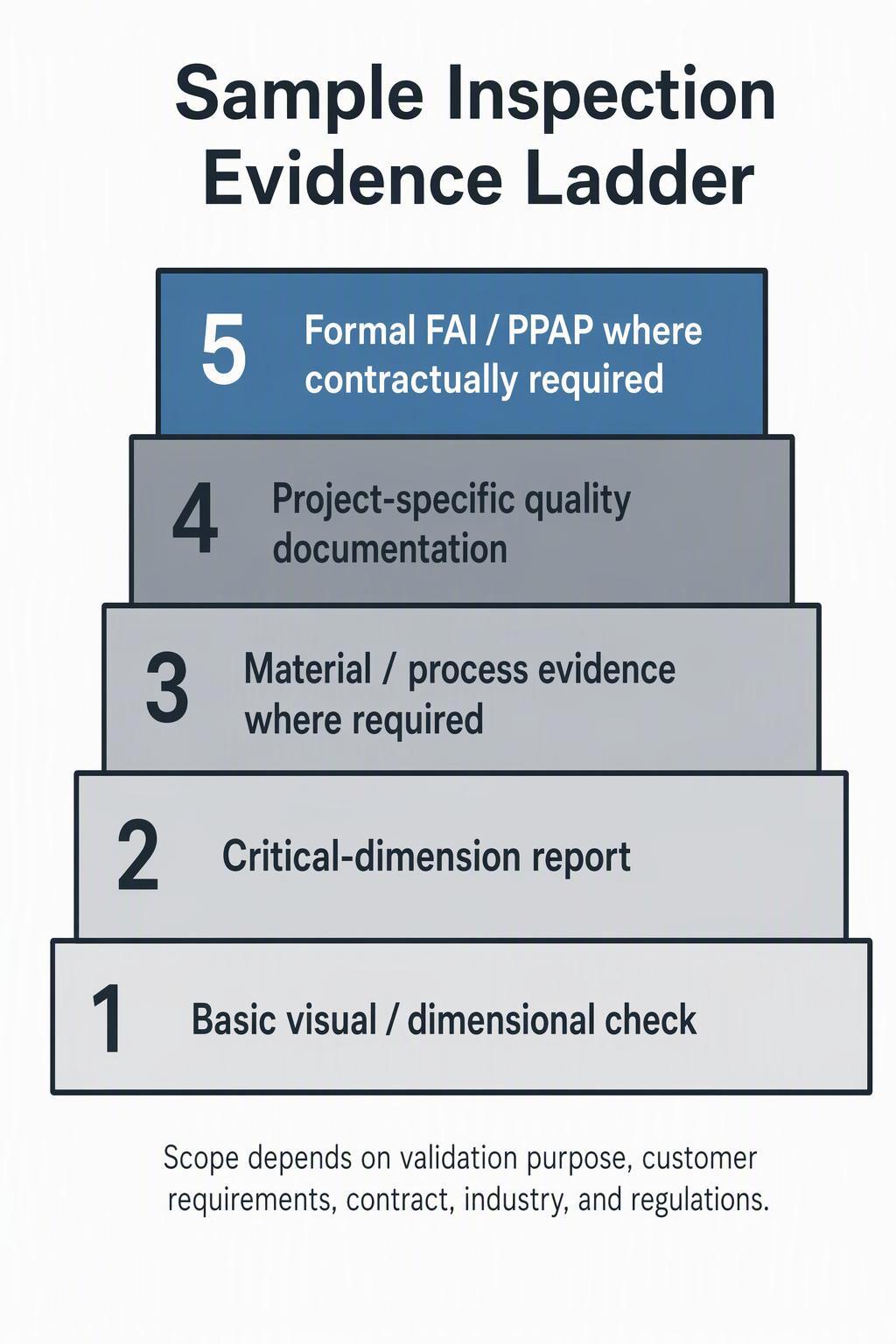 Sample inspection evidence ladder from basic checks to formal FAI or PPAP