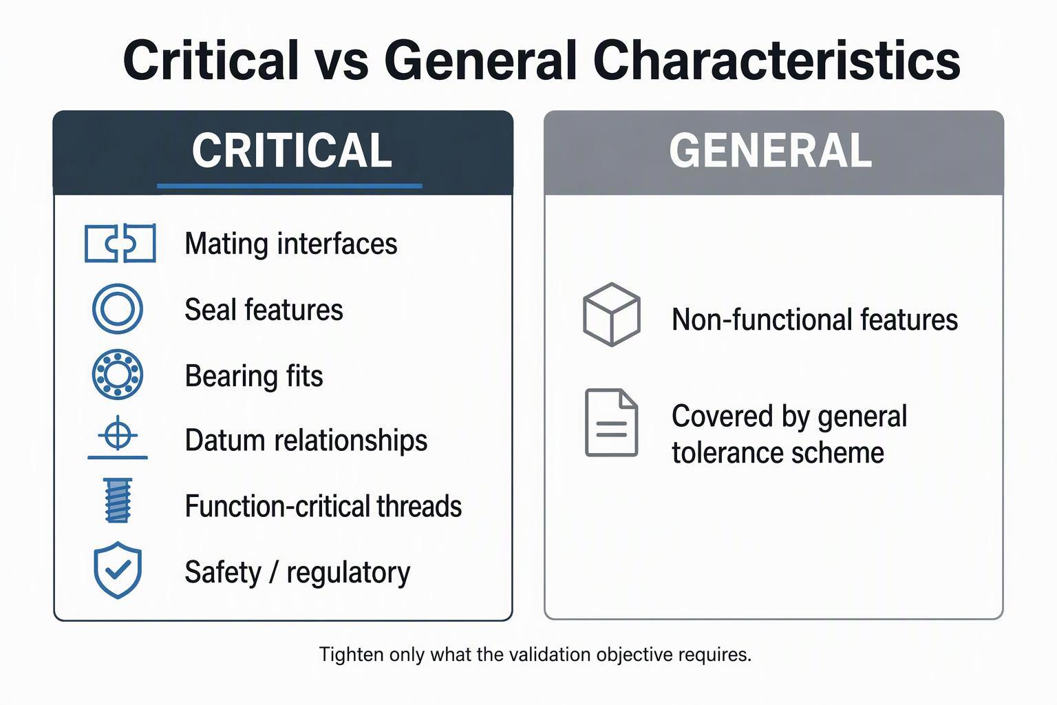 Critical versus general characteristics: tighten only what the validation objective requires