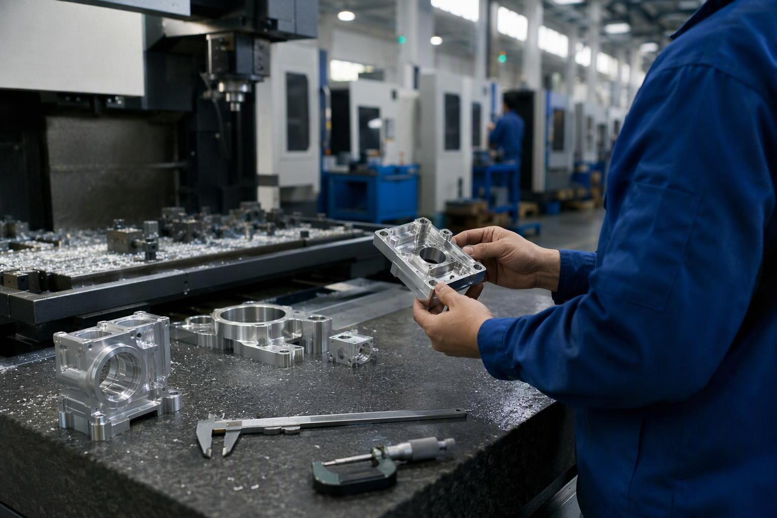 Buyer reviewing a Chinese CNC machining supplier's business license, ISO certificate and inspection report at a desk
