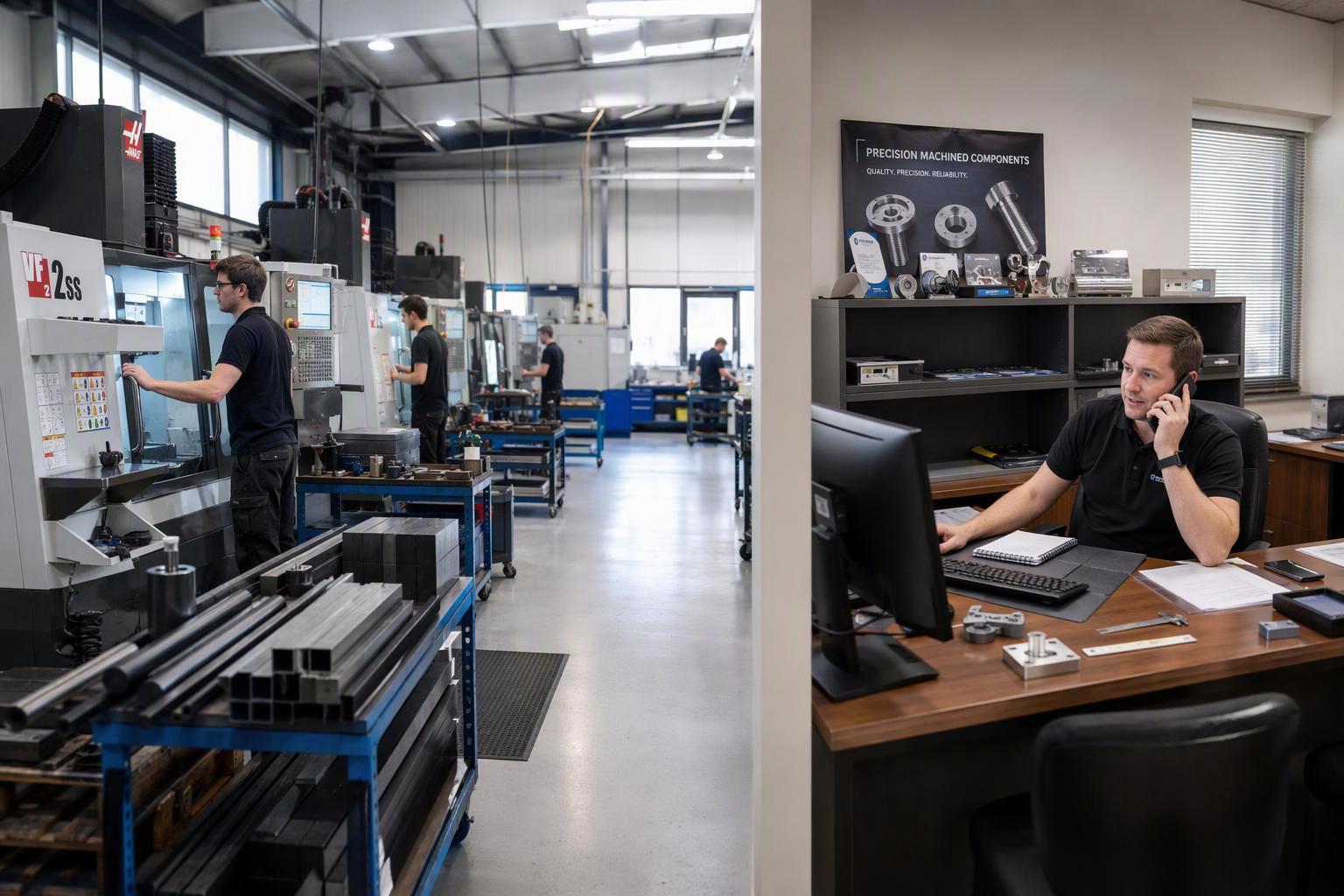 Side-by-side view of a CNC machining factory floor and a trading company sales office