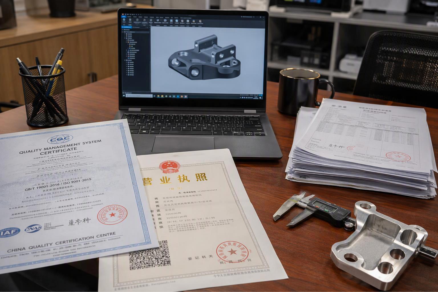 Buyer reviewing a supplier's license, ISO certificate, CAD drawing and machined sample at a desk