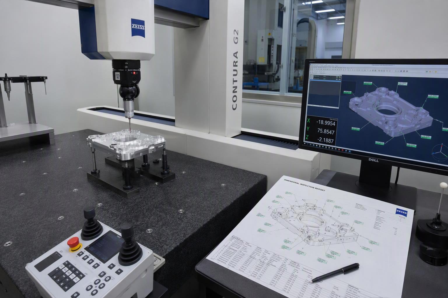 Coordinate measuring machine checking a machined part next to a dimensional inspection report