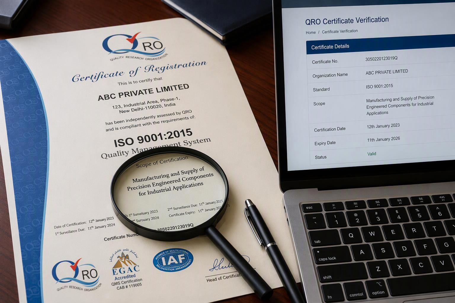 Reading the scope section of an ISO 9001 certificate against a verification database