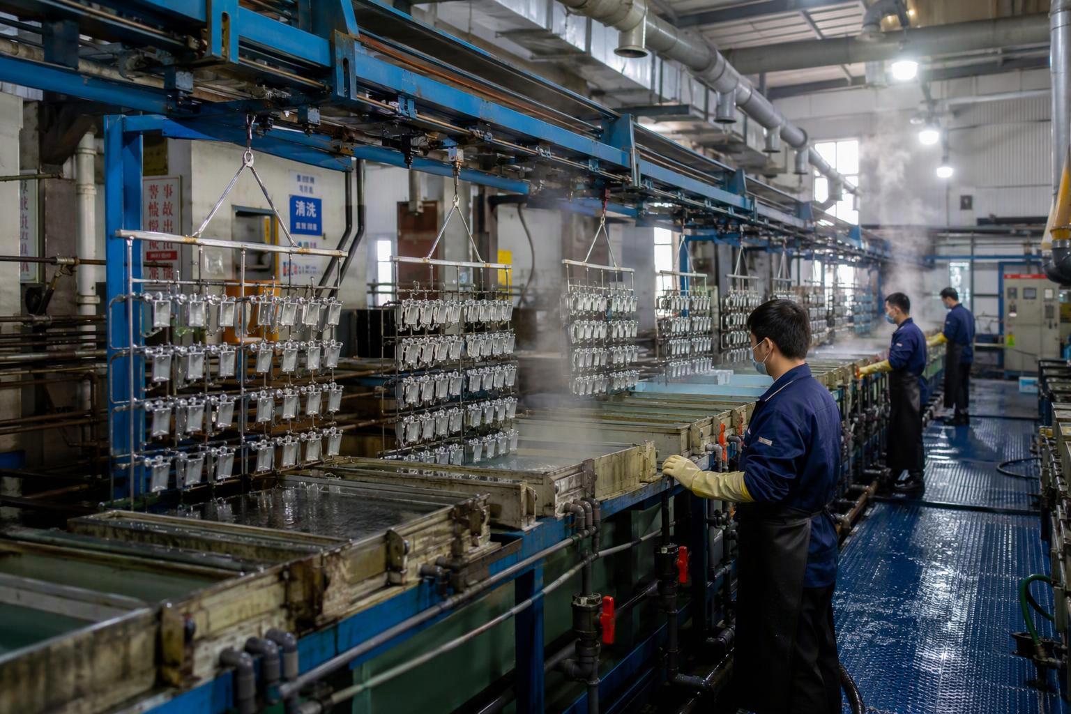 Anodizing tanks at a subcontractor's surface finishing line, one of the special processes often sent out