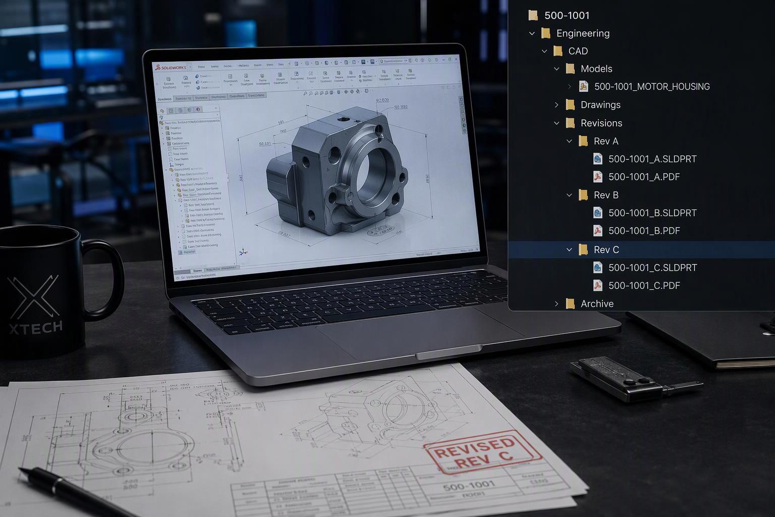 Engineer reviewing CAD model revisions and superseded drawings in a controlled file system
