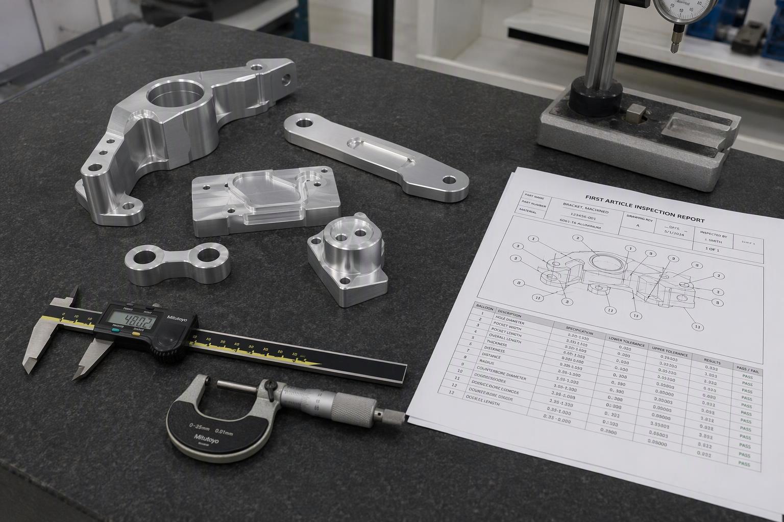 Pilot-order sample parts on a granite surface plate checked against a first article inspection report