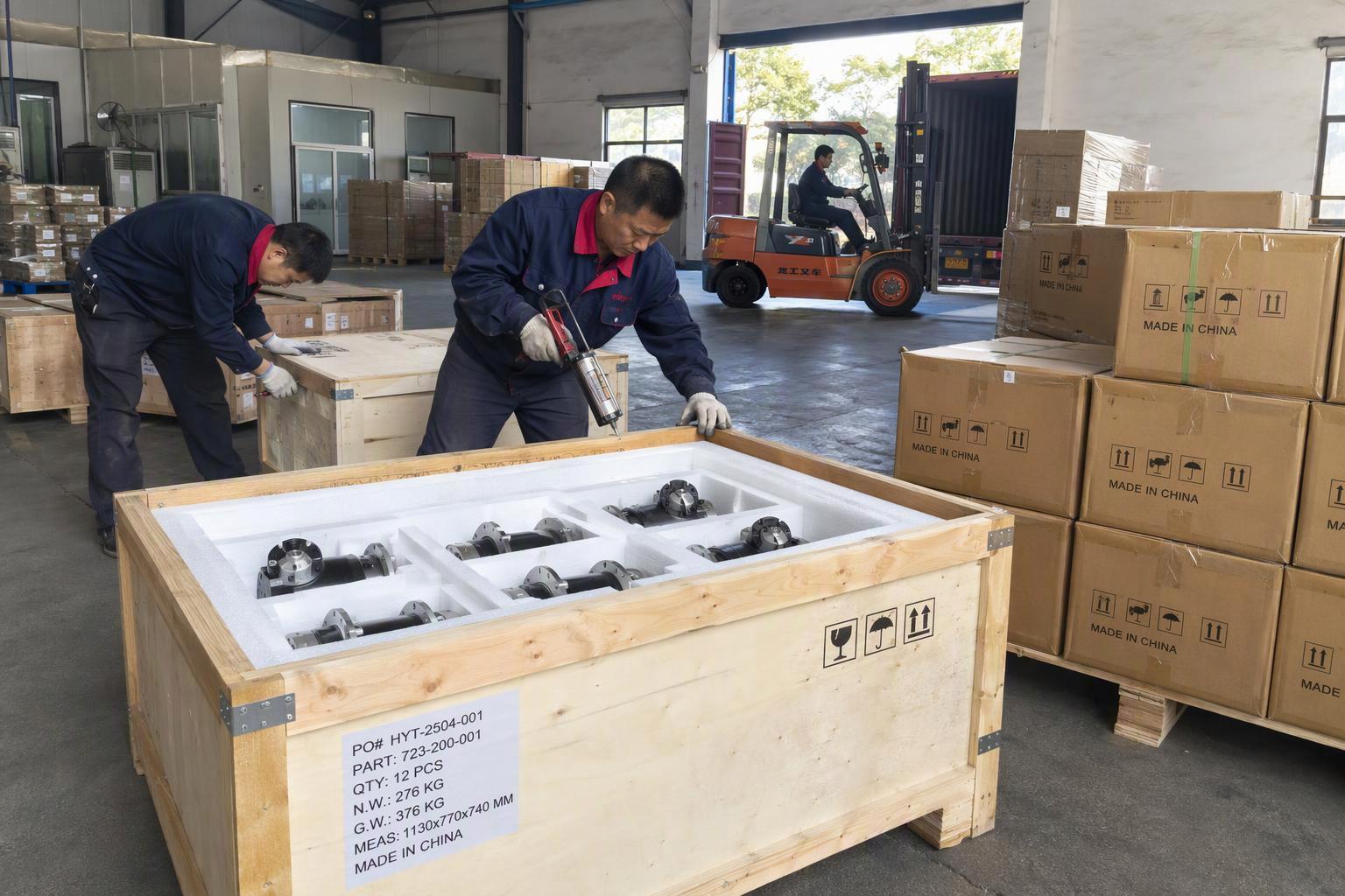 Machined parts packed in a foam-lined export crate in a factory shipping bay